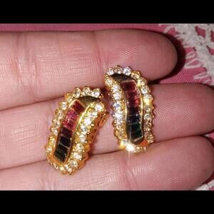 ROMAN Multi Color Clip On/Huggie Earrings, Gold tone Rainbow Baguette Rhinestone